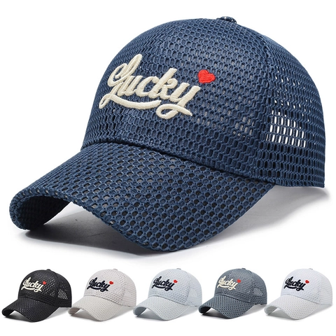 Gorra De Béisbol De Malla Transpirable Bordado Letras Lucky Corazón Protección Solar Sombrero Trucker Ajustable Unisex