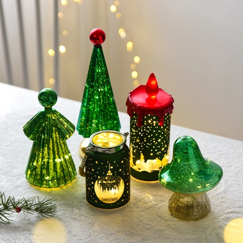 Glass LED Christmas Ornament Mini Tree Angel Mushroom Shape Warm Light Lantern Tabletop Decor Holiday Gift