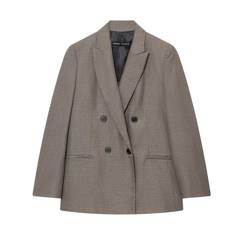 Dames Blazer En Wijde Broek Set Double Breasted Schoudervulling Hoge Taille Kantoor Pak Getextureerd Geweven Streetwear Chic