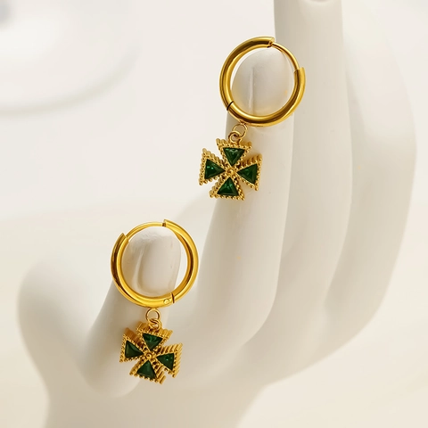 18K Gold Plated 304 Stainless Steel Cross Pendant Hoop Earrings For Women With Triangular Zircon Retro Elegant Jewelry