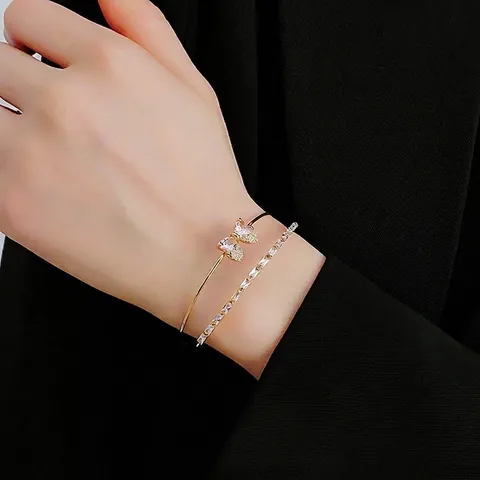 Layered Open Bangle For Women With Pink Heart Zircon Bow And Baguette Cut Zircon In Copper Elegant Fashion Jewelry