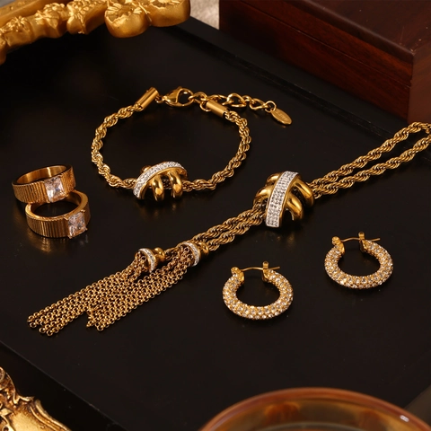 Stainless Steel Jewelry Set For Women Gold Plated Twisted Chain Rhinestone Necklace Bracelet Hoop Earrings Square Stone Ring Jewelry