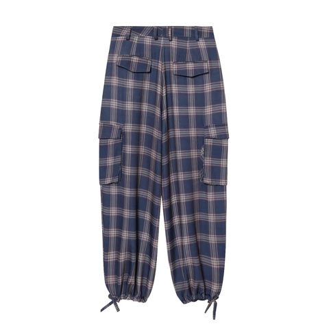 Pantalones Cargo De Cuadros De Cintura Alta Para Mujer Poliéster Bolsillos Múltiples Dobladillo Con Cordón Vintage