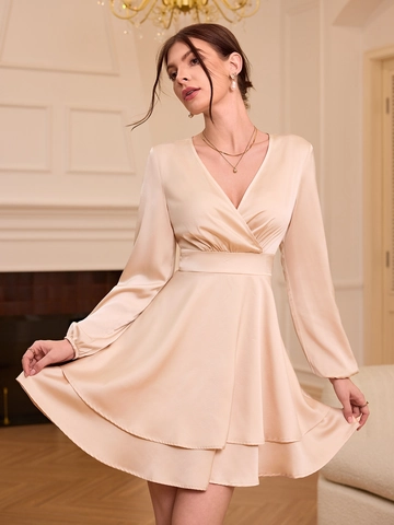 Elegant Women Satin Mini Dress V Neck Long Lantern Sleeve Slim Fit Tiered Hem Champagne Cocktail Party Dressing
