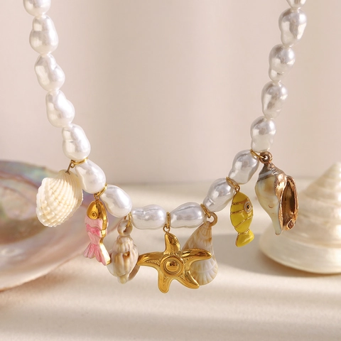 Collar De Acero Inoxidable Chapado En Oro De 18K Perlas Barrocas Artificiales Con Colgantes De Estrella De Mar Concha Pez Joyería De Playa Para Mujeres