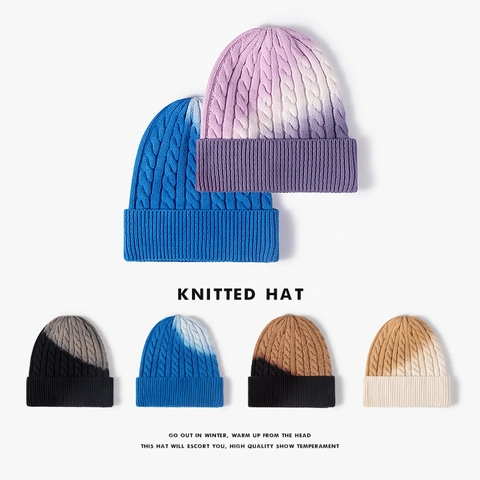 Cable Knit Beanie Hat Cotton Warm Winter Outdoor Ombre Gradient Tie Dye Ribbed Cuff For Men Women
