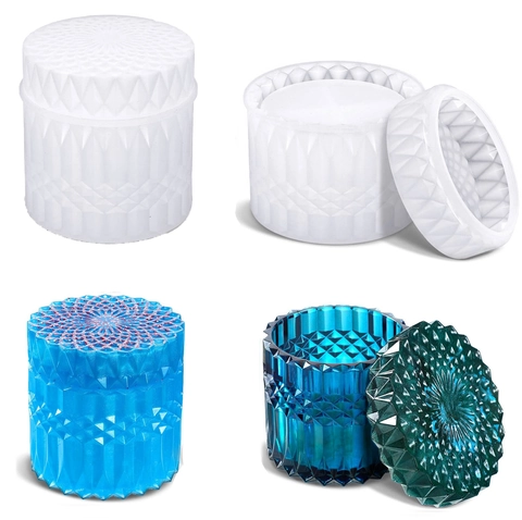 DIY Silicone Resin Mold For Jewelry Storage Box Jar With Lid Rhombus Diamond Pattern Relief Casting Craft Tool