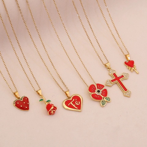 Red Enamel Heart Rose Pendant Necklace Stainless Steel Copper Gold Plated Vintage Retro Jewelry Women
