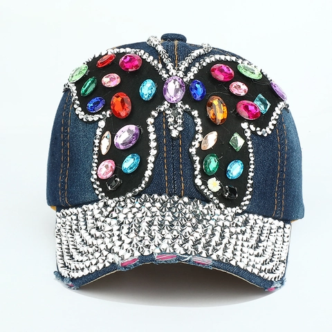 Cappello Da Baseball Farfalla Strass Denim Cotone Distressed Bling Cappello Da Sole Per Donna Moda Streetwear