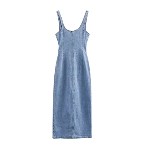 Denim Midi Jurk Knoopsluiting Mouwloos Slanke Pasvorm Vierkante Hals Streetwear Chique Voor Dames