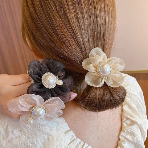 Elegant Flower Scrunchie Organza With Imitation Artificial Pearl Rhinestone Hair Tie Rope For Women Sweet Hair Accessories