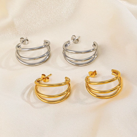 Orecchini A Cerchio Triplo A Forma Di C In Acciaio Inossidabile Placcato Oro 18K Gioielli Geometrici Da Donna