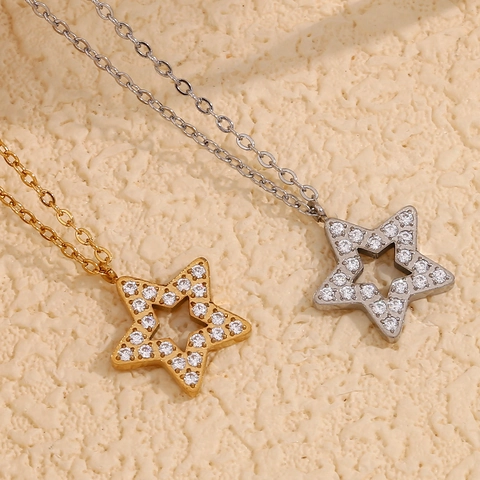 Collar Con Colgante De Estrella Pentagrama Hueca De Acero Inoxidable Chapado En Oro 18K Joyería Circonita Para Mujer Moda