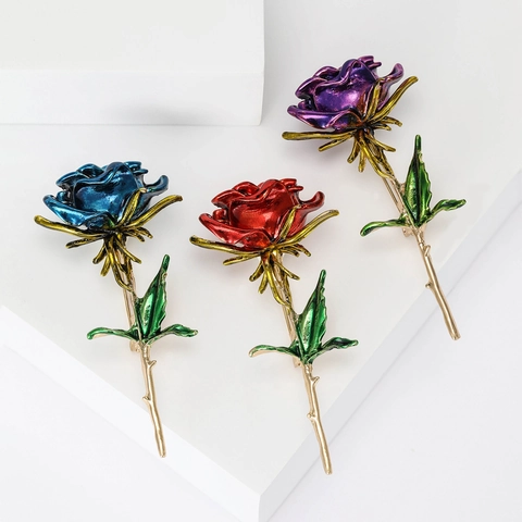 Elegant Enamel Rose Flower Brooch Pin Alloy Gold Plated Floral Corsage For Women Suit Dress Banquet Wedding Jewelry Accessories