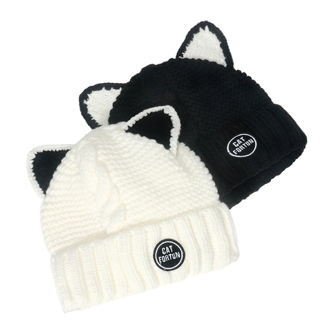 Cat Ear Knit Beanie Hat Acrylic Winter Warm Fleece Lined Ribbed Embroidered Patch Cute Headwear For Women