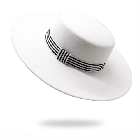 Retro Flat Top Wide Brim Boater Hat For Women Elegant Cotton Polyester Felt Style With Striped Ribbon Band
