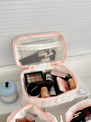 Trousse Maquillage Coton Matelassé Coeur Floral Noeud Grande Capacité Organisateur Toilette Style Coréen Pour Femmes