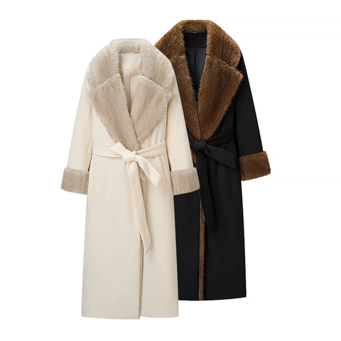 Women's Elegant Long Woolen-Look Coat With Faux Fur Collar Belted Waist Slim Fit Autumn Winter Outerwear Overcoat Jacket