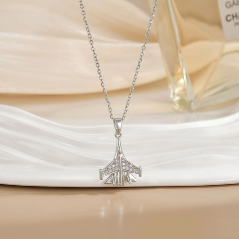 Collier Pendentif Avion de Chasse de Luxe Chaîne en Acier Inoxydable Avec Zirconium Strass Bijoux Or Argent Femme