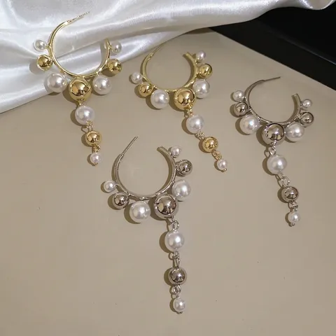 Pendientes De Aro Con Borla En Forma De C Retro Aleación Perla Artificial Con Poste De Pendiente De Plata De Ley 925