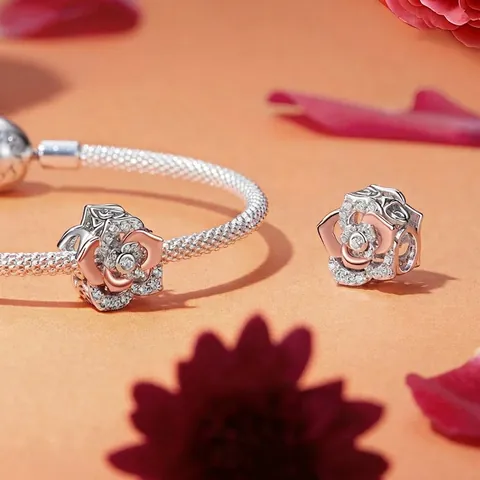 S925 Sterling Silver Rose Flower Charm For Bracelet Two Tone Rose Gold Plated Pave Zirconia Bead DIY Jewelry Making Women Elegant Pendant
