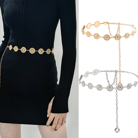 Chaîne de Taille Minimaliste en Métal pour Femmes Mode Géométrique Étoile Évidée Pièce Ronde Chaîne de Ventre Décorative