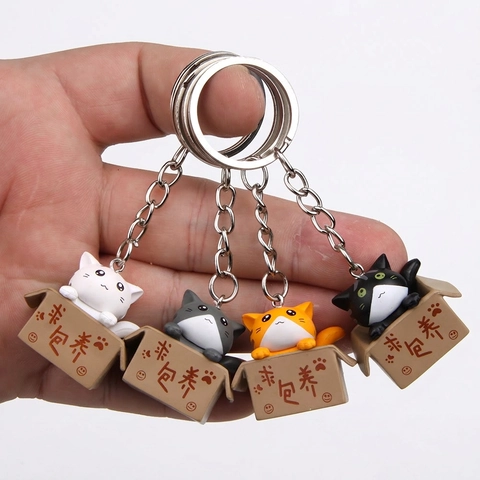 Cute 3D Cartoon Cat In Box Keychain PVC Resin Miniature Animal Figure Bag Pendant Kawaii Key Ring For Couples Gift