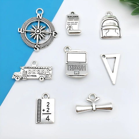 Antique Silver Alloy Charms Pendants School Graduation Theme For DIY Jewelry Making Mortarboard Diploma School Bus Books