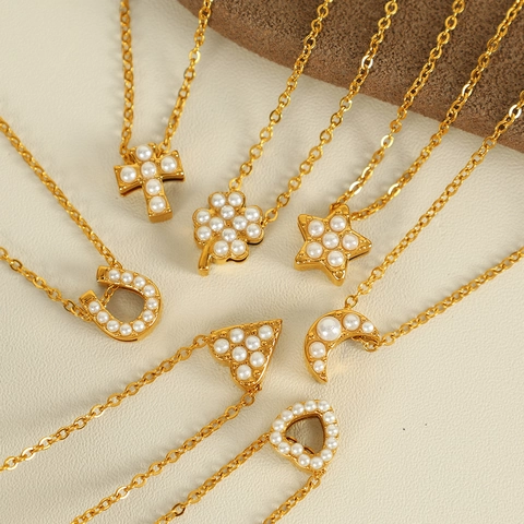 Collana Pendente Moda Acciaio Inossidabile Placcato Oro Con Perla Artificial Imitazione Trifoglio Cuore Croce Luna Stella Per Donne