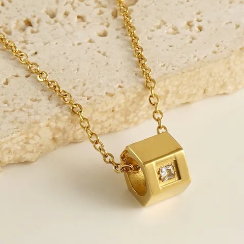 Hexagon Nut Pendant Necklace Stainless Steel 18K Gold Plated Geometric Square Zircon Industrial Style Trendy Jewelry Unisex