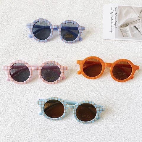 Kids Round Sunglasses Plaid Checkerboard Frame UV400 Protection Fashion Eyewear For Boys Girls Outdoor Lightweight