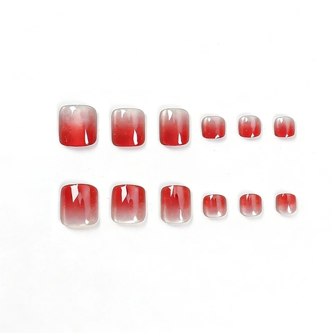 Red Silver Ombre Cat Eye Effect Square Short Fake Foot Nails For Women Shimmer Glossy Toe Press On Nails With Jelly Glue