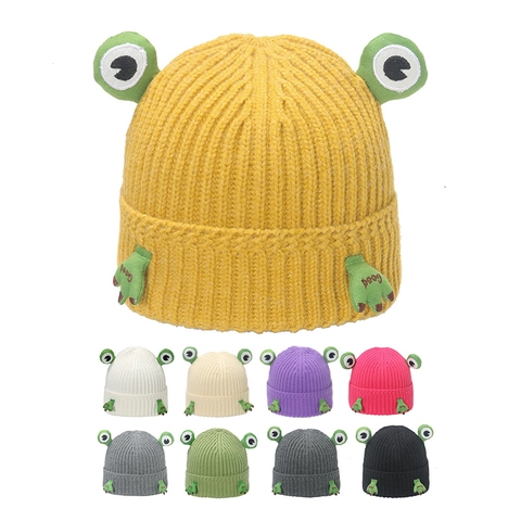 Cute Cartoon Frog Knitted Beanie Hat Acrylic Warm Winter Ribbed Cap For Women With 3D Eyes And Embroidered Paws