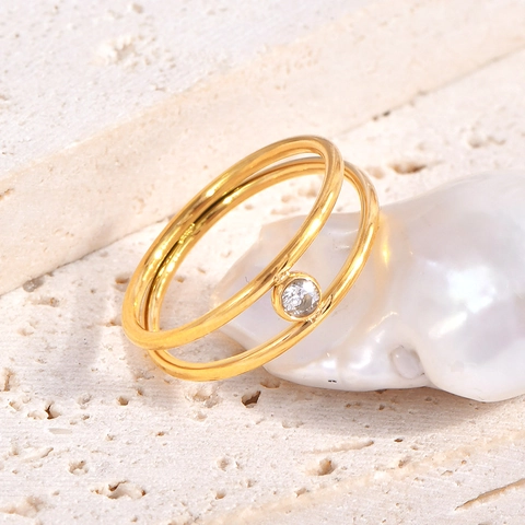 Double Layer Open Ring Titanium Steel Zircon Geometric Minimalist Gold Plated Jewelry For Women Niche Ins Style