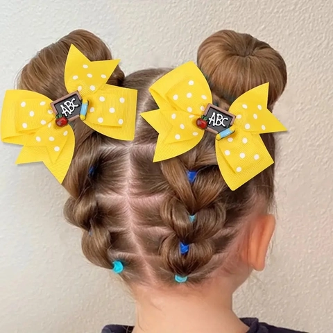 Barrette À Cheveux Nœud En Ruban Gros-Grain À Pois ABC Tableau Pomme Crayon Décor Rentrée Scolaire Filles Pinces Douces