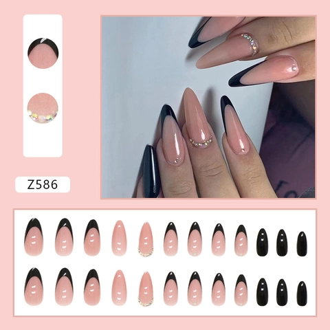Unghie A Pressione Mandorla Punta Nera Francese Accenti Strass Lungo Rosa Nude Unghia Artificiale Per Donne Manicure Chic
