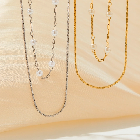 Double Layer Artificial Pearl Necklace Stainless Steel Snake Chain Elegant Layered Jewelry Accessory For Women
