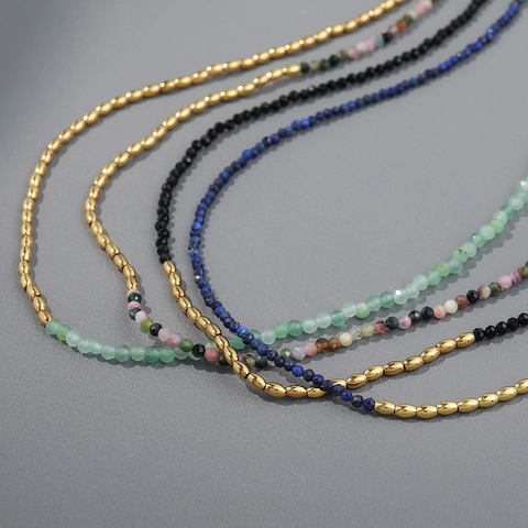 Boho Naturstein Halskette Für Damen Edelstahl Schwarzer Spinell Lapislazuli Turmalin Perlen Choker Vintage Urlaub Schmuck