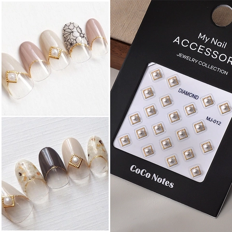 Square Artificial Pearl Nail Art Charms Faux Artificial Pearl Gold Silver Metal Frame Retro Elegant DIY Manicure Decorations For Women