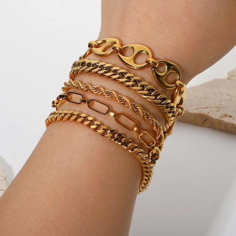 Ins Style 18K Gold Plated Stainless Steel Bracelet For Women Miami Cuban Link Chain Flat Snake Bone Chain Hand Jewelry