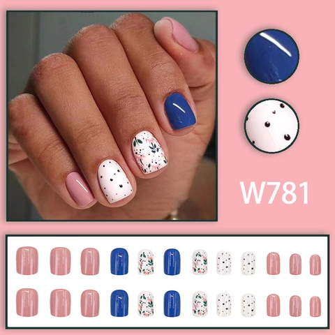 Unghie Finte Retro Con Fiori E Pois Rosa Blu Patchwork Minimalista Corto Quadrato Rotondo Per Donne Stile Con Colla Lucida