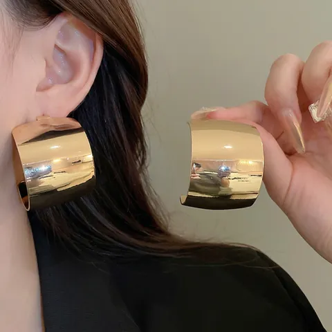 Chunky Hoop Oorbellen Glanzend Breed C-Vorm Metaal Geometrisch Minimalistische Sieraden Met 925 Sterling Zilveren Oorsteker