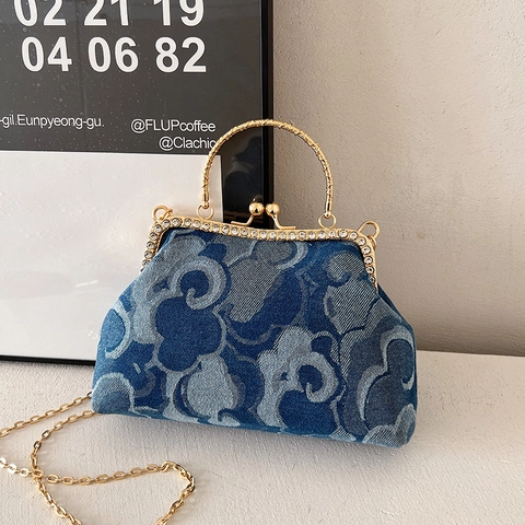 Vintage Denim Kiss Lock Handtasche Glückswolke Print Strass Verschluss Kette Schulter Crossbody Tasche Damen