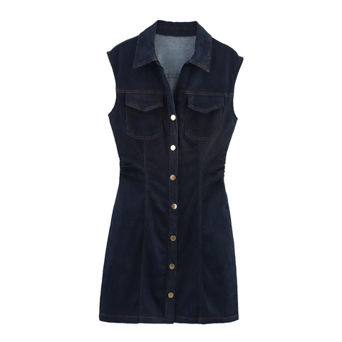 Sleeveless Denim Mini Dress Retro American Style Button Down Slim Fit Lapel Neck Contrast Stitching Vintage For Women