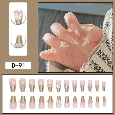 Butterfly Press On Nails Μακριά Σχήμα Φέρετρο Στρας Γαλλικό Στυλ Nude Ροζ Τεχνητά Ψεύτικα Νύχια Για Γυναίκες