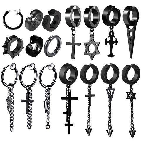 Schwarze Ohrclips Ohne Ohrloch Für Herren Metall Gothic Punk Kreuz Stern Kette Spitze Feder Dolch Anhänger Unisex