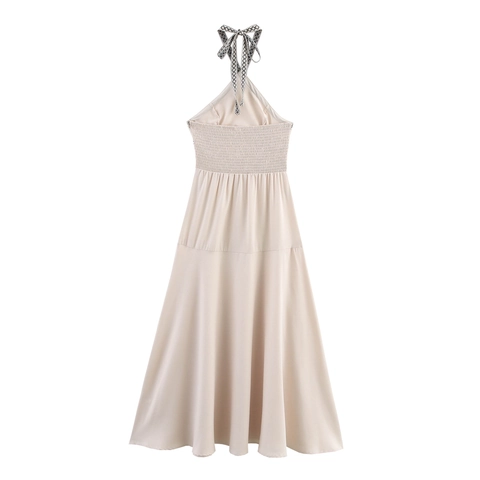 Vestito Maxi Halter Schiena Scoperta Vita Arricciata Spalline Ricamate Geometriche Linea A Boho Estate Vacanze Donne