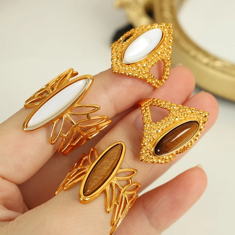 Vintage Bohemian Stainless Steel Open Ring For Women Gold Plated Tiger's Eye White Shell Adjustable Fashion Jewelry Ring