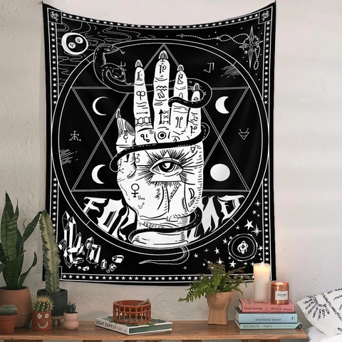 Arazzo Gotico Occulto Da Parete Poliestere Nero Bianco Tarocchi Mano Fasi Lunari Decorazione Casa Boho Per Soggiorno