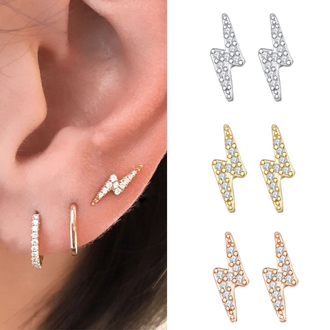 Fashion Copper Lightning Bolt Stud Earrings With Rhinestone Real Gold Plated Geometric Jewelry For Women Elegant Daily Accessory